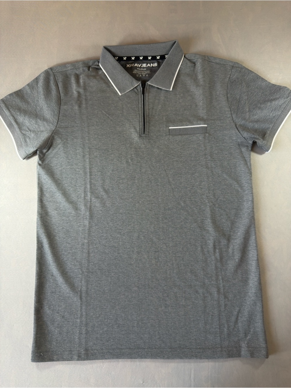 Men's Grey Zip-Placket Polo with White Trim